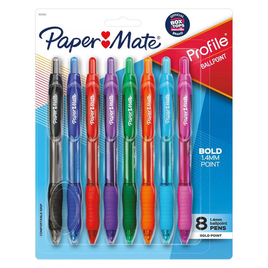 Paper Mate Profile 8pk Ballpoint Pens 1.4mm Bold Tip Multicolored: Colorful, Quick Drying, Retractable, Contoured Grip